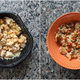 Left: Chile-Garlic Pork Bowl in the microwave bowl. Right: plated with a drizzle of sambal oelek.